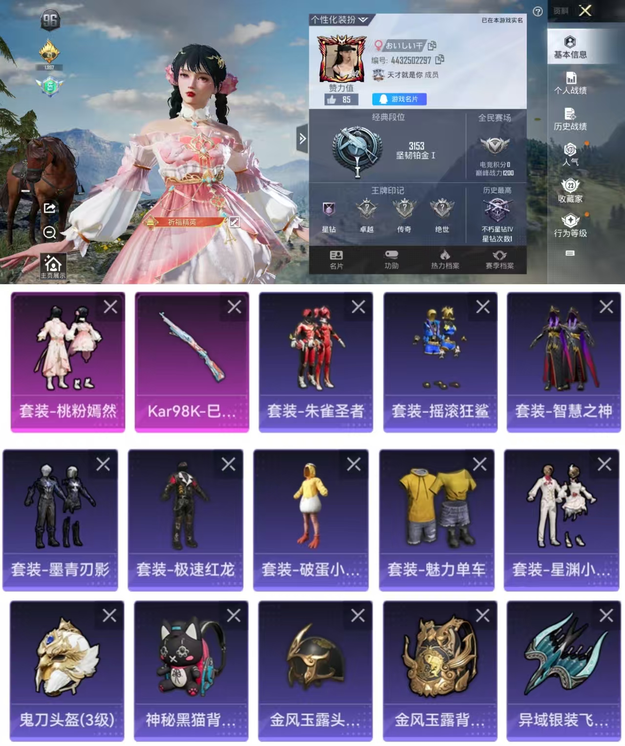 和平精英账号安卓QQ0载具-46套装-56枪皮-AQY428可二次-1粉装-1特效枪-14880热力值-46套装-56枪