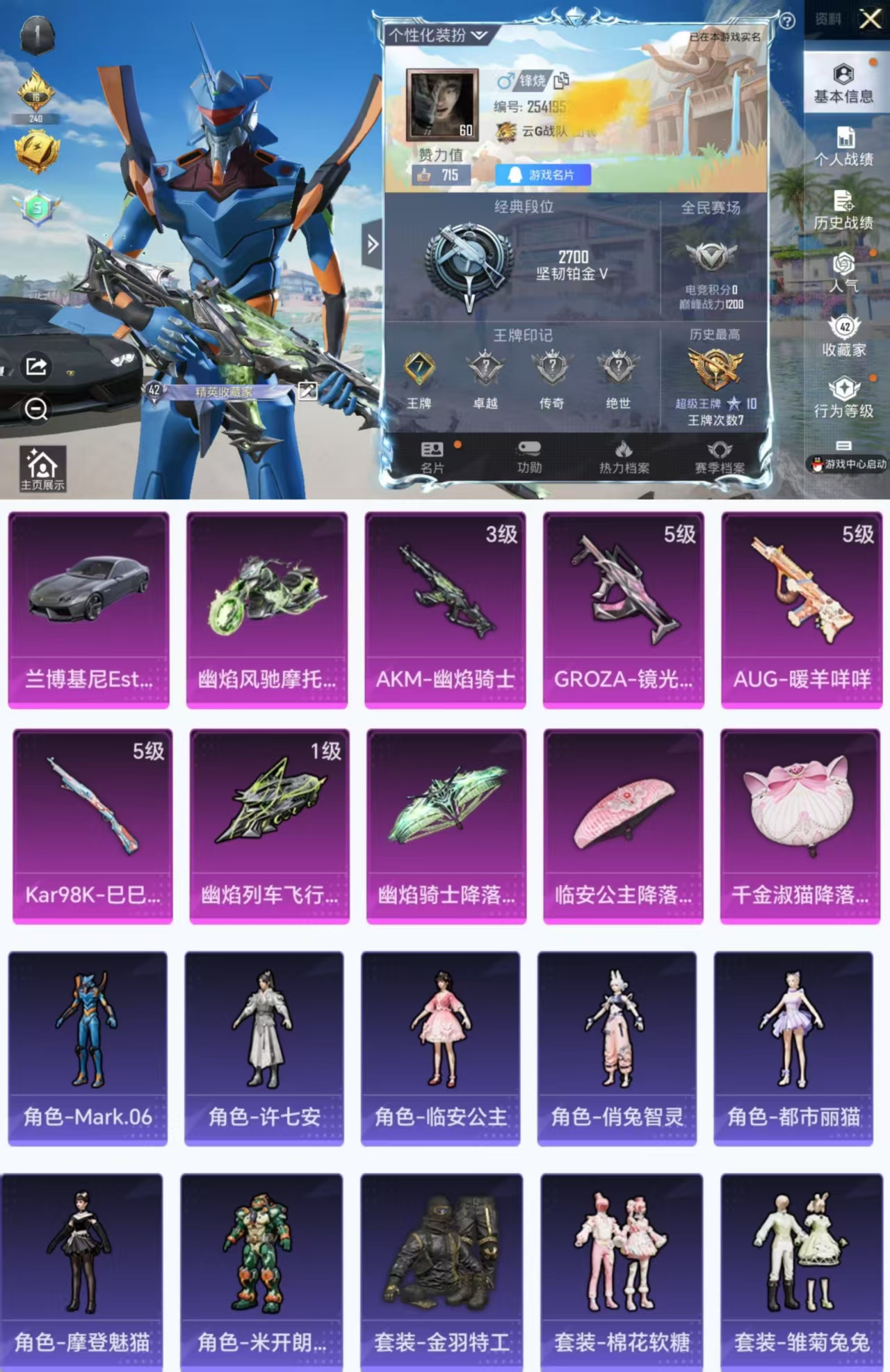 和平精英账号苹果QQ2载具-75套装-94枪皮-HX6583【AKM-幽焰骑士-兰博轿车灰色-幽焰风驰摩托车-2车4特效