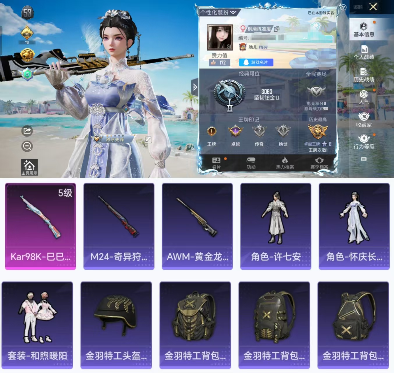和平精英账号安卓QQ0载具-52套装-64枪皮-HX6580【金羽特工背包全套-AWM-黄金龙骨-角色-怀庆长公主-5级