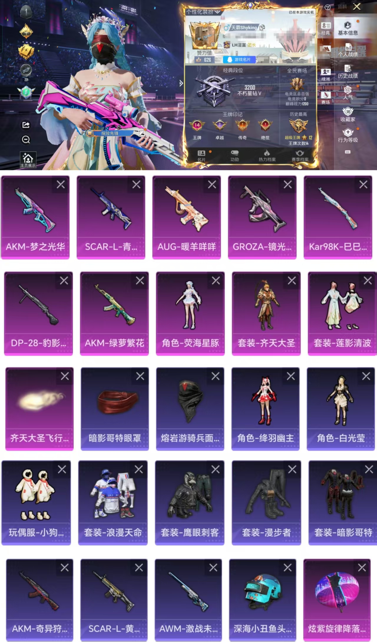 和平精英账号安卓QQ0载具-146套装-177枪皮-HX7591【7级AKM-梦之光华-7把特效枪3粉装-14王牌印记-