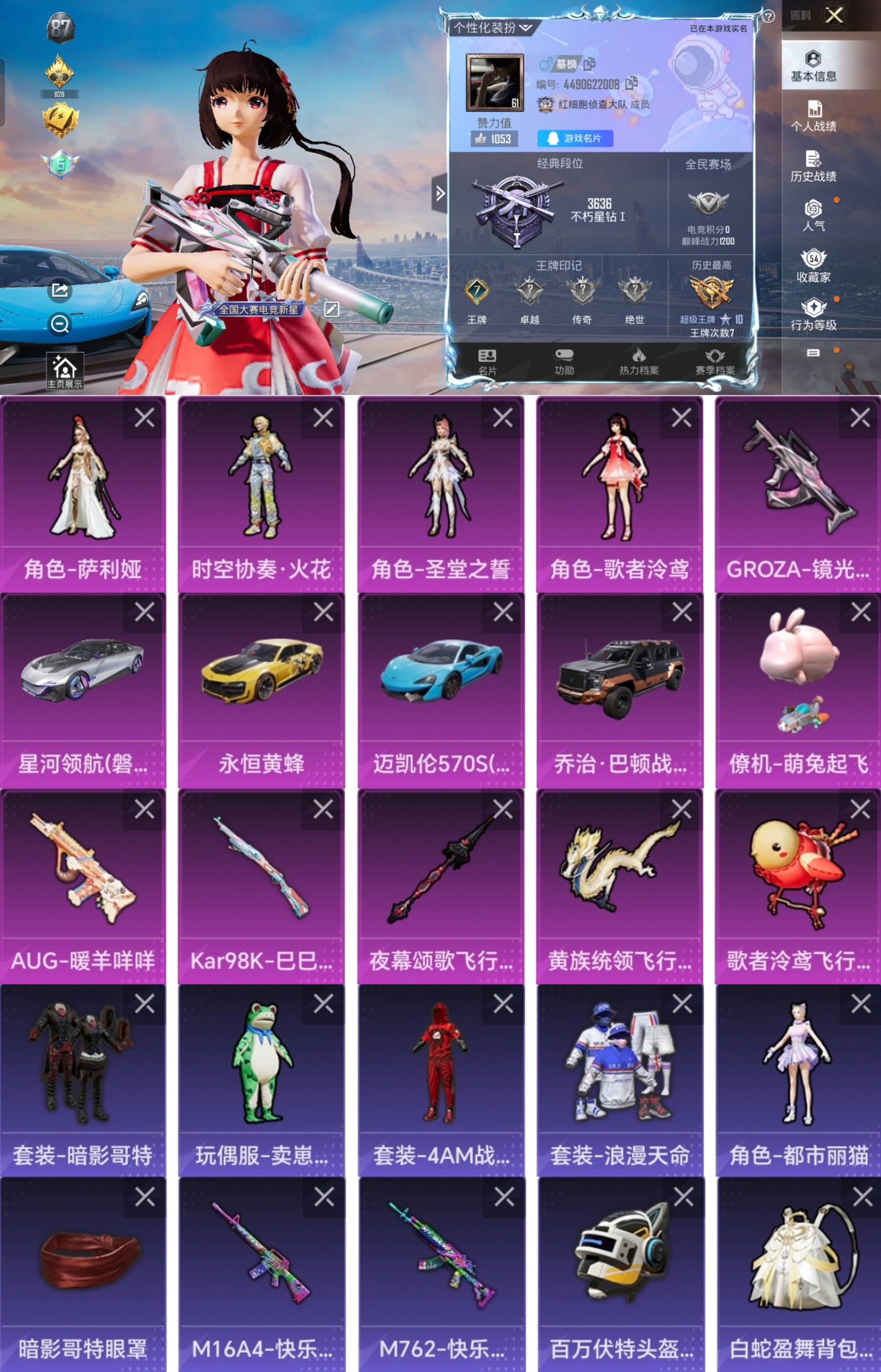 和平精英账号安卓QQ4载具-121套装-142枪皮-LGH422+LGH422【4粉4车3特1僚机圣堂之誓萨利娅时空协奏