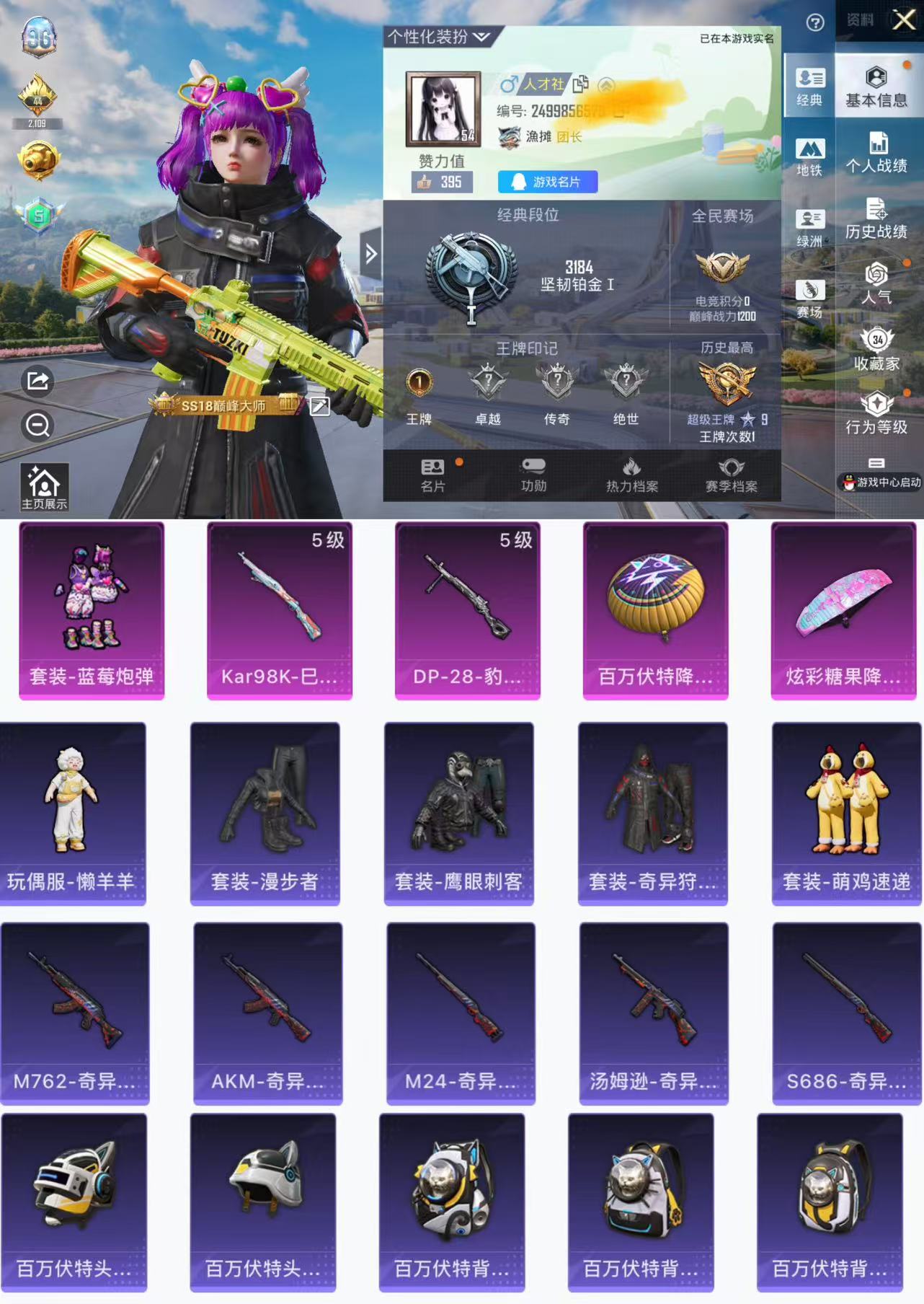 和平精英账号苹果QQ0载具-84套装-88枪皮-HX8037【2特效枪1粉装1稀有-百万福特背包全套-奇异狩猎者-M41