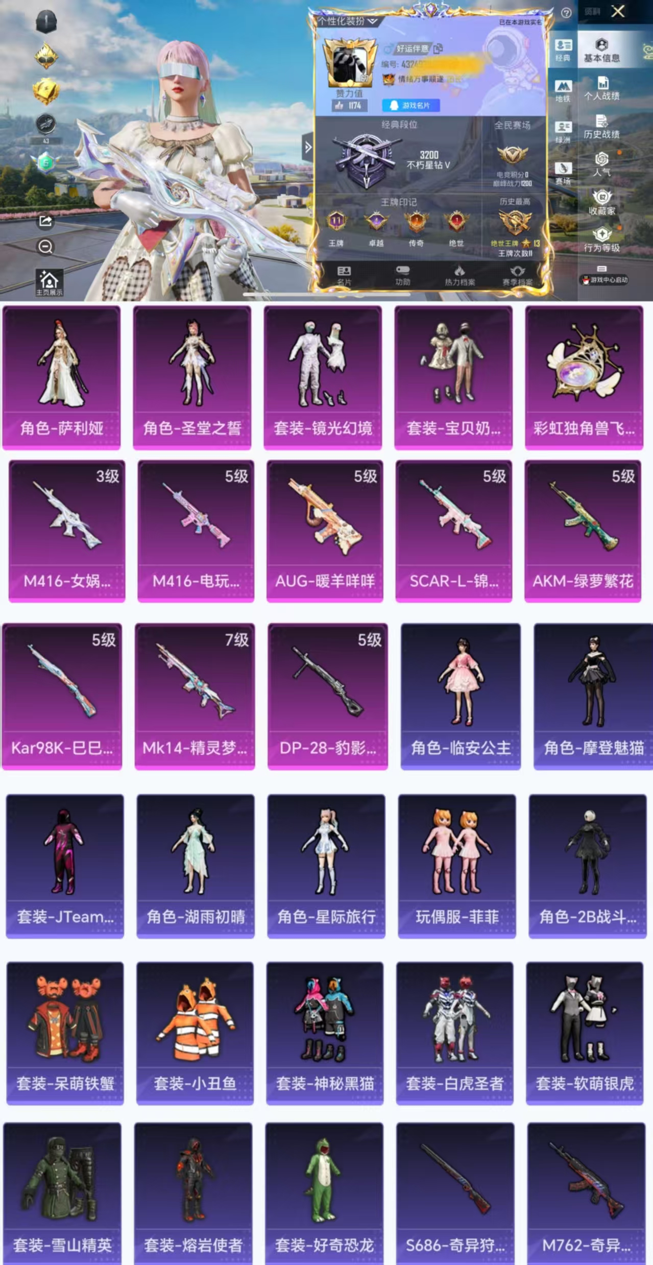 和平精英账号苹果QQ0载具-166套装-216枪皮-HX8045【女号65233热力值-8特效枪4粉装166套装216枪