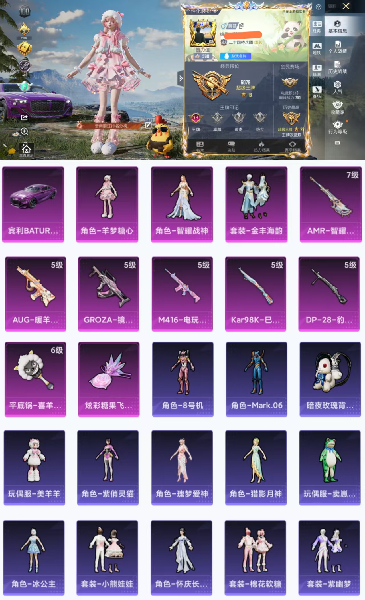 和平精英账号安卓QQ1载具-118套装-171枪皮-HX8219【女号-3粉装1载具7特效枪2螳螂-118套装171枪皮