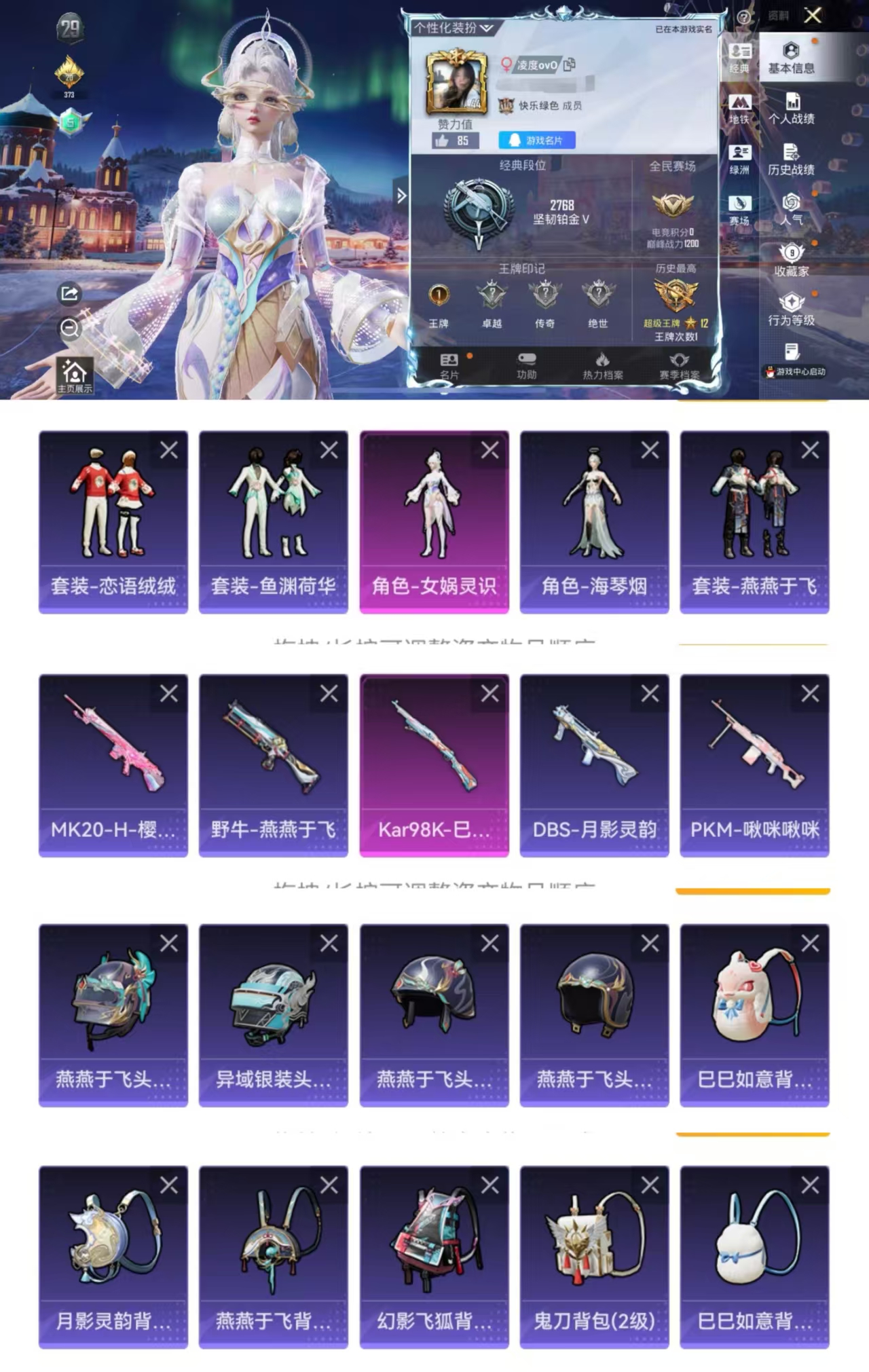 和平精英账号苹果QQ0载具-21套装-13枪皮-HM6202苹果Q区--【1粉装 女娲灵识 1特效枪 Kar98K-巳巳