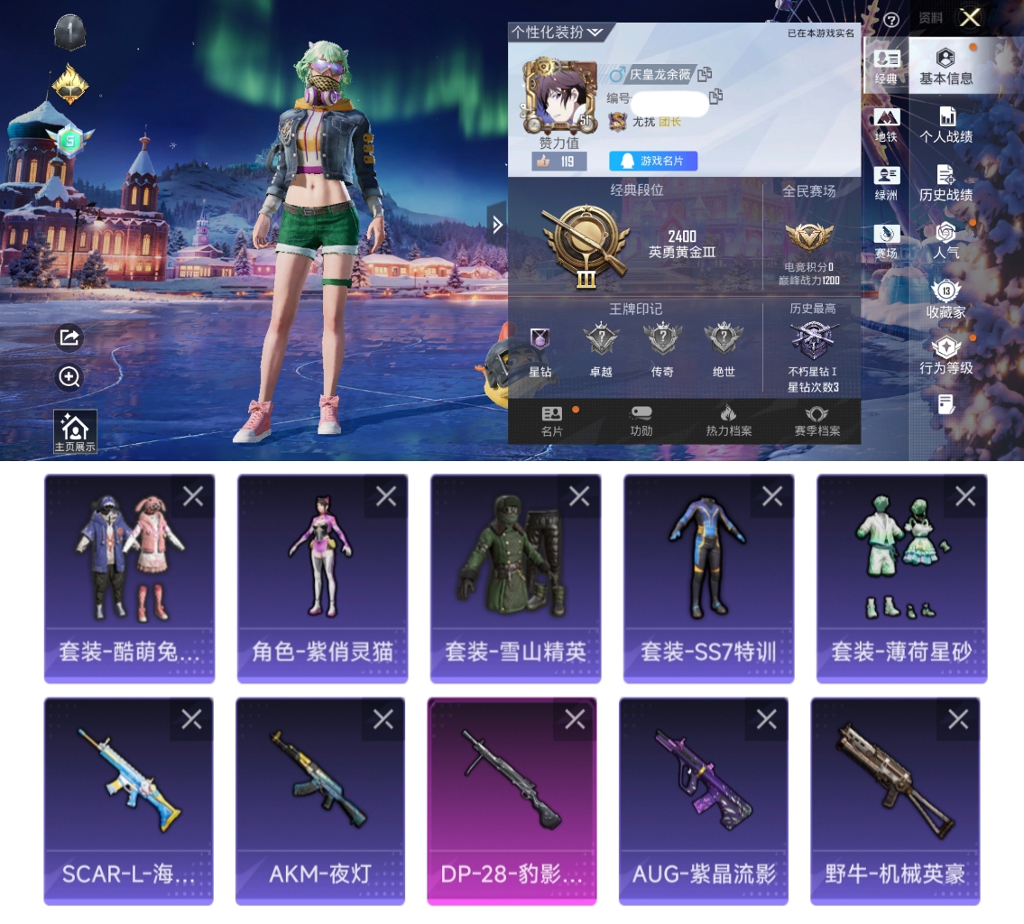 和平精英账号安卓QQ0载具-42套装-30枪皮-GT157 雪山精英 （老6套装） 小身法号 太阳q 安卓Q区-1特效枪