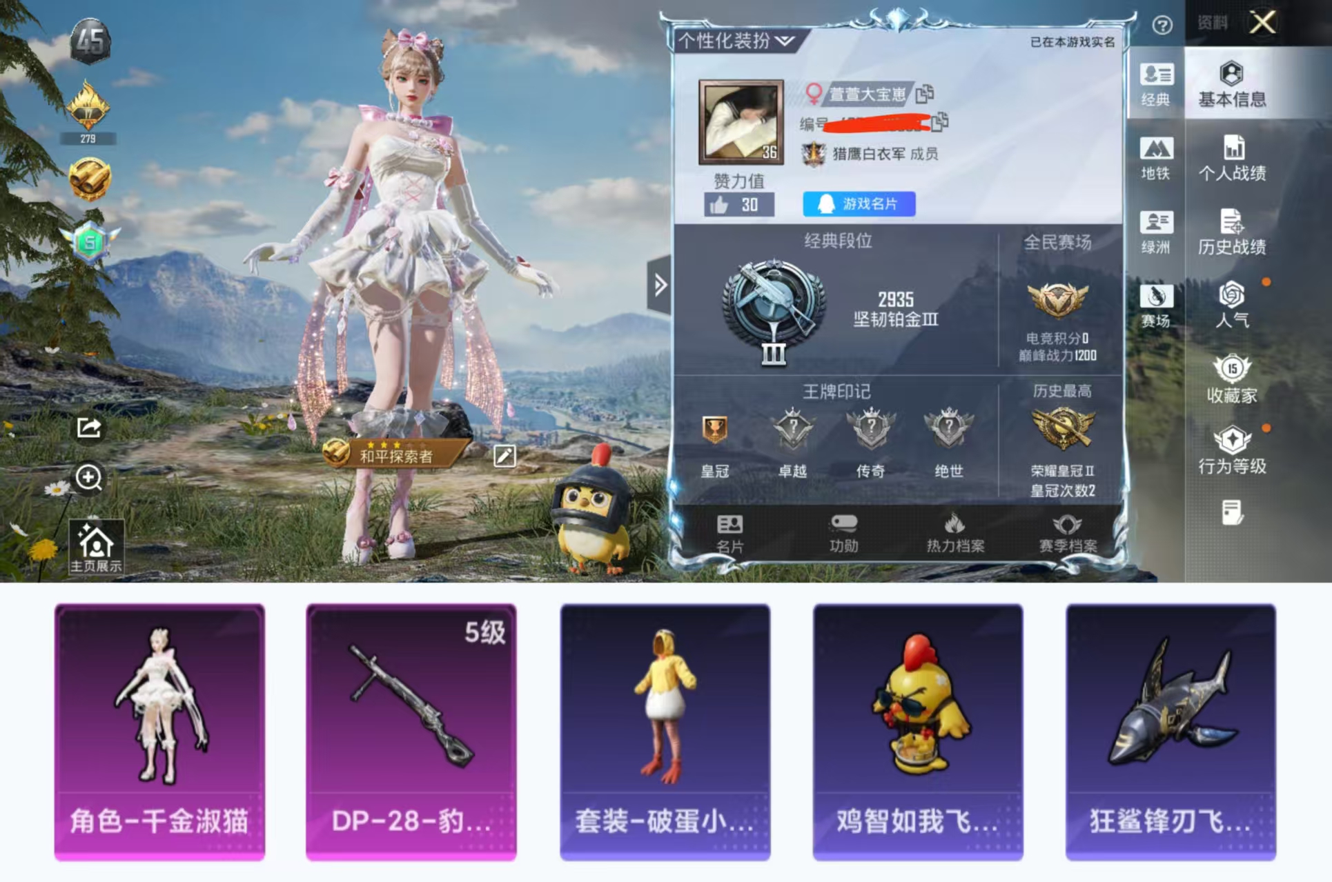 和平精英账号安卓QQ0载具-19套装-31枪皮-HX8371【女号千金淑猫-1粉装1特效枪2飞行器-暗夜魅影 萌鸡速递】