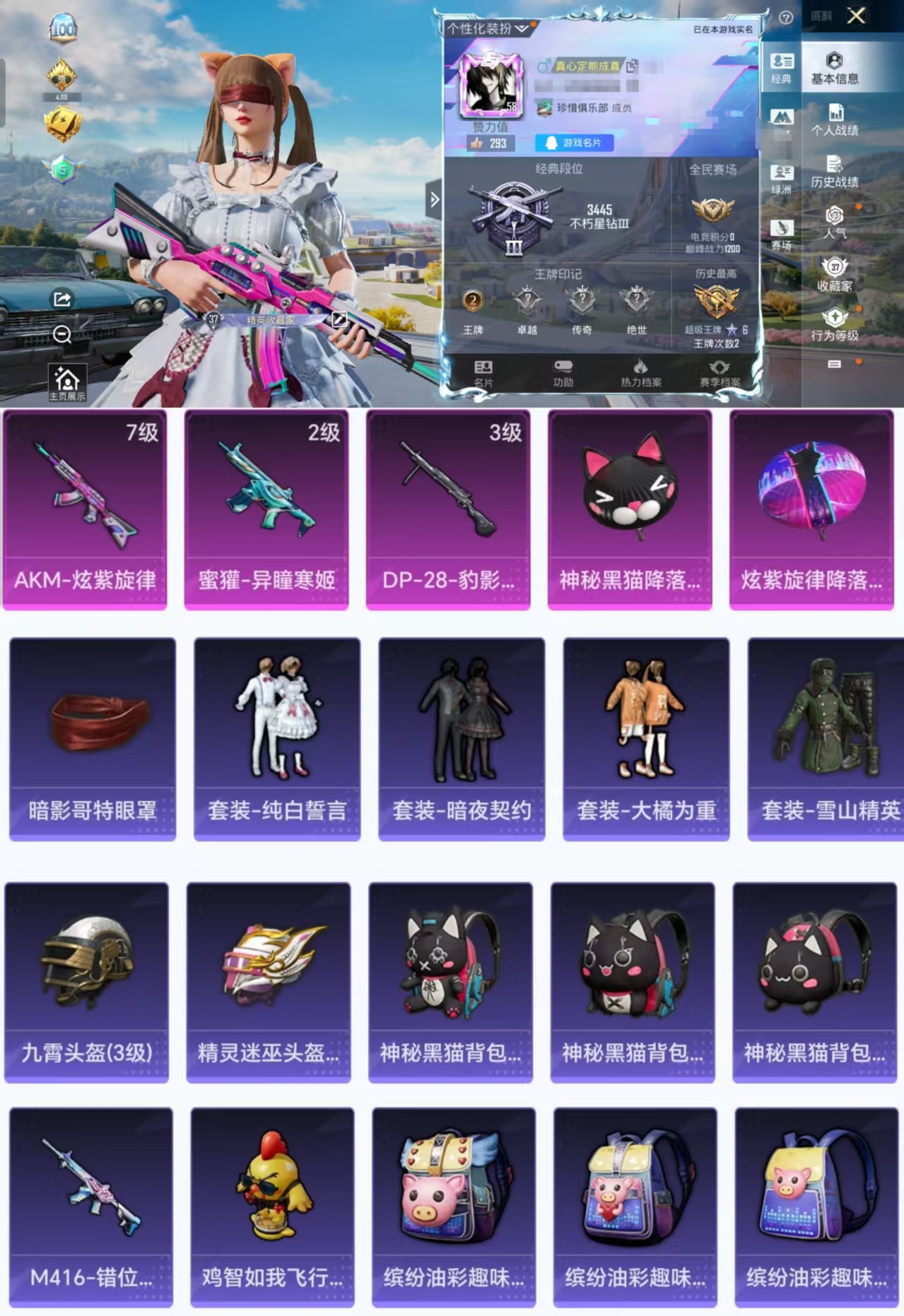 和平精英账号安卓QQ0载具-96套装-112枪皮-HX7826【7级AKM-炫紫旋律-3特效枪31485热力值-暗夜哥特