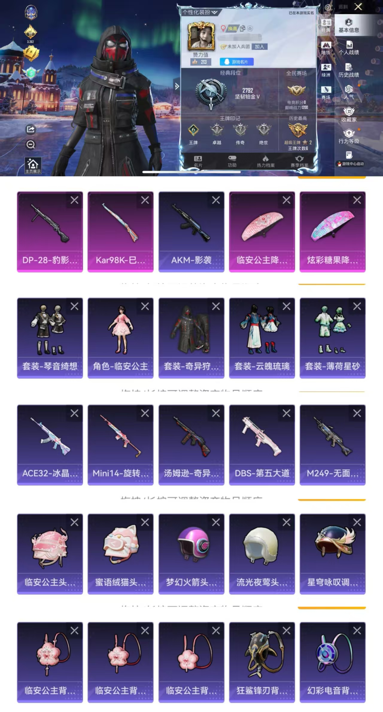 和平精英账号苹果QQ0载具-65套装-46枪皮-HM6465苹果Q区-素材号【 双字ID 2特效枪 奇异狩猎者 临安公主