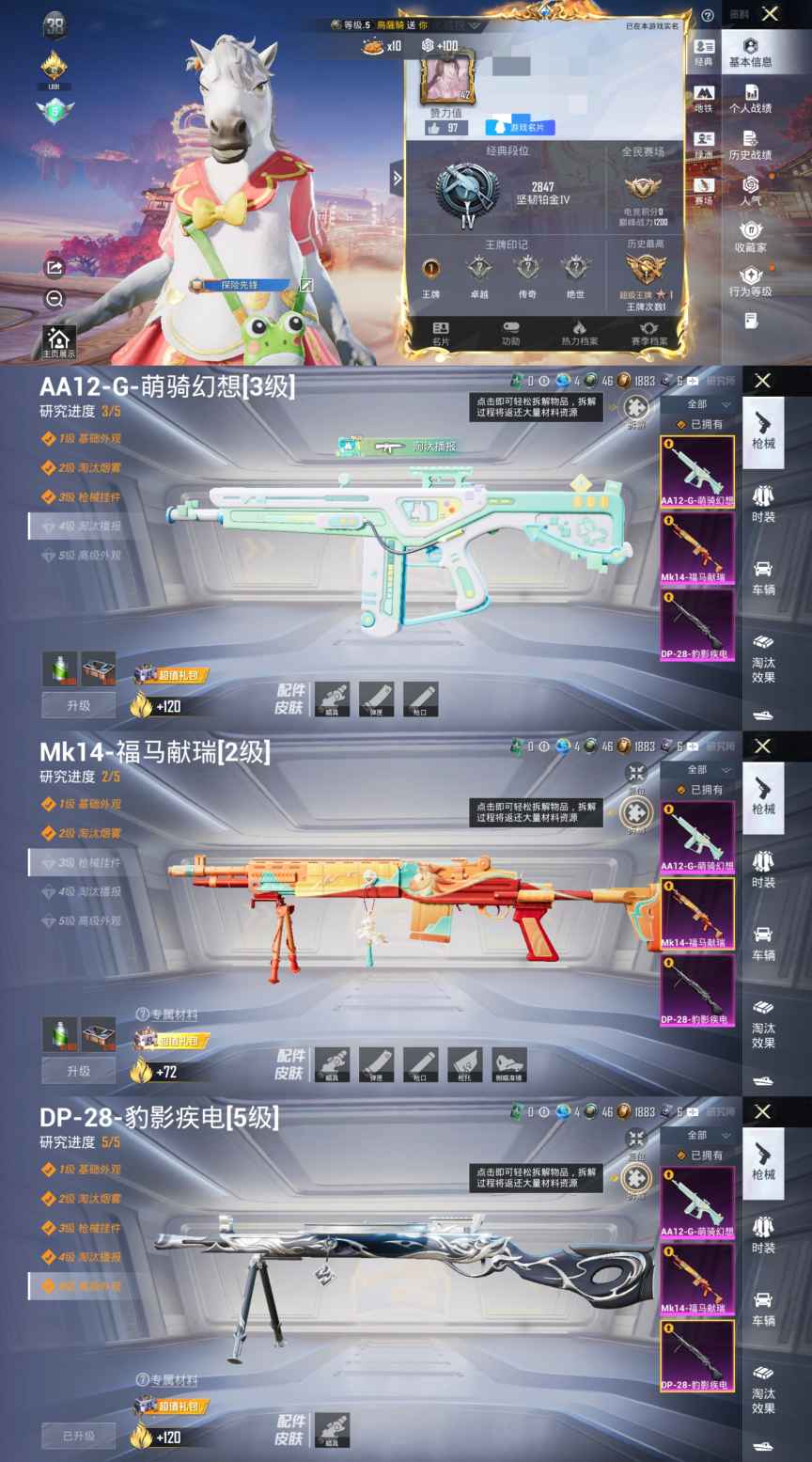 和平精英账号安卓QQ0载具-25套装-38枪皮-HM6584安卓Q区【可二次 3特效枪-AA12-G-萌骑幻想3级 14