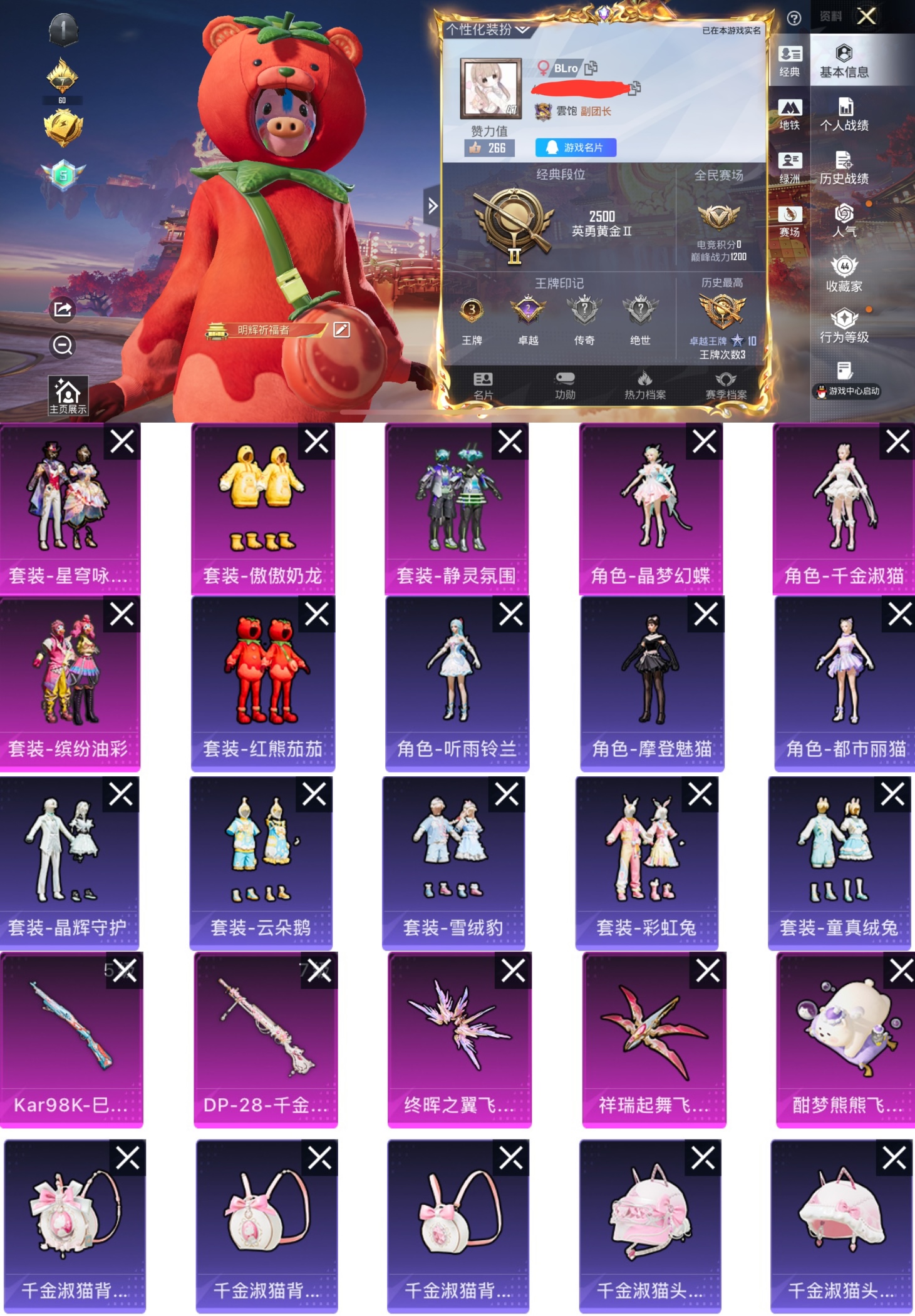 和平精英账号苹果QQ0载具-86套装-94枪皮-XQ1061+【极品女号权威小番茄猪脸素材 6粉装2特效5飞行器地铁满天