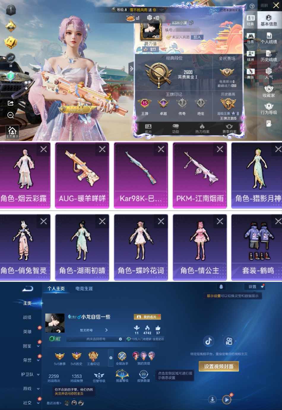 和平精英账号安卓QQ0载具-152套装-192枪皮- 【1粉装】 角色-烟云彩露 【3特效】 AUG-暖羊咩咩 5级 P