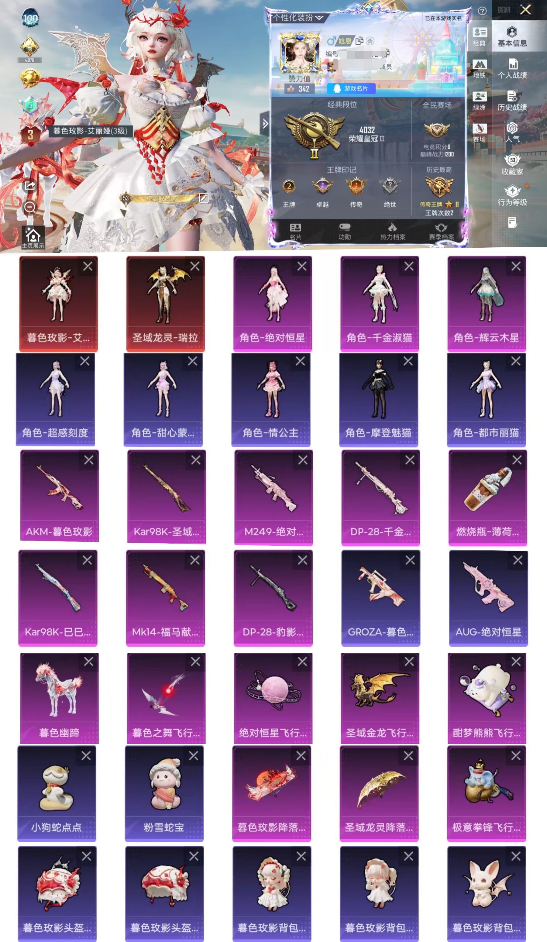 和平精英账号安卓QQ1载具-67套装-113枪皮-CH229+【双字ID极品女号-2红装-(暮色玫影-艾丽娅3级)-(圣