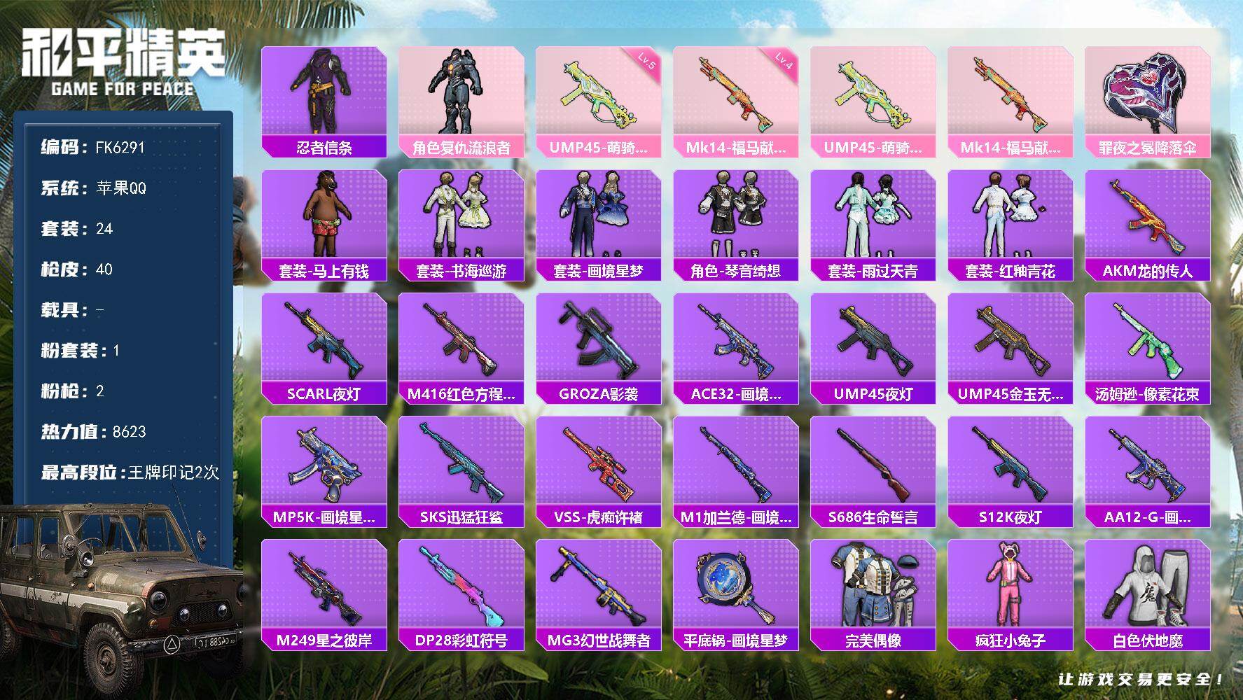 和平精英账号苹果QQ0载具-24套装-40枪皮-HX9160【复仇流浪者-忍者信条-2王牌印记1粉装2特效枪-五级UMP