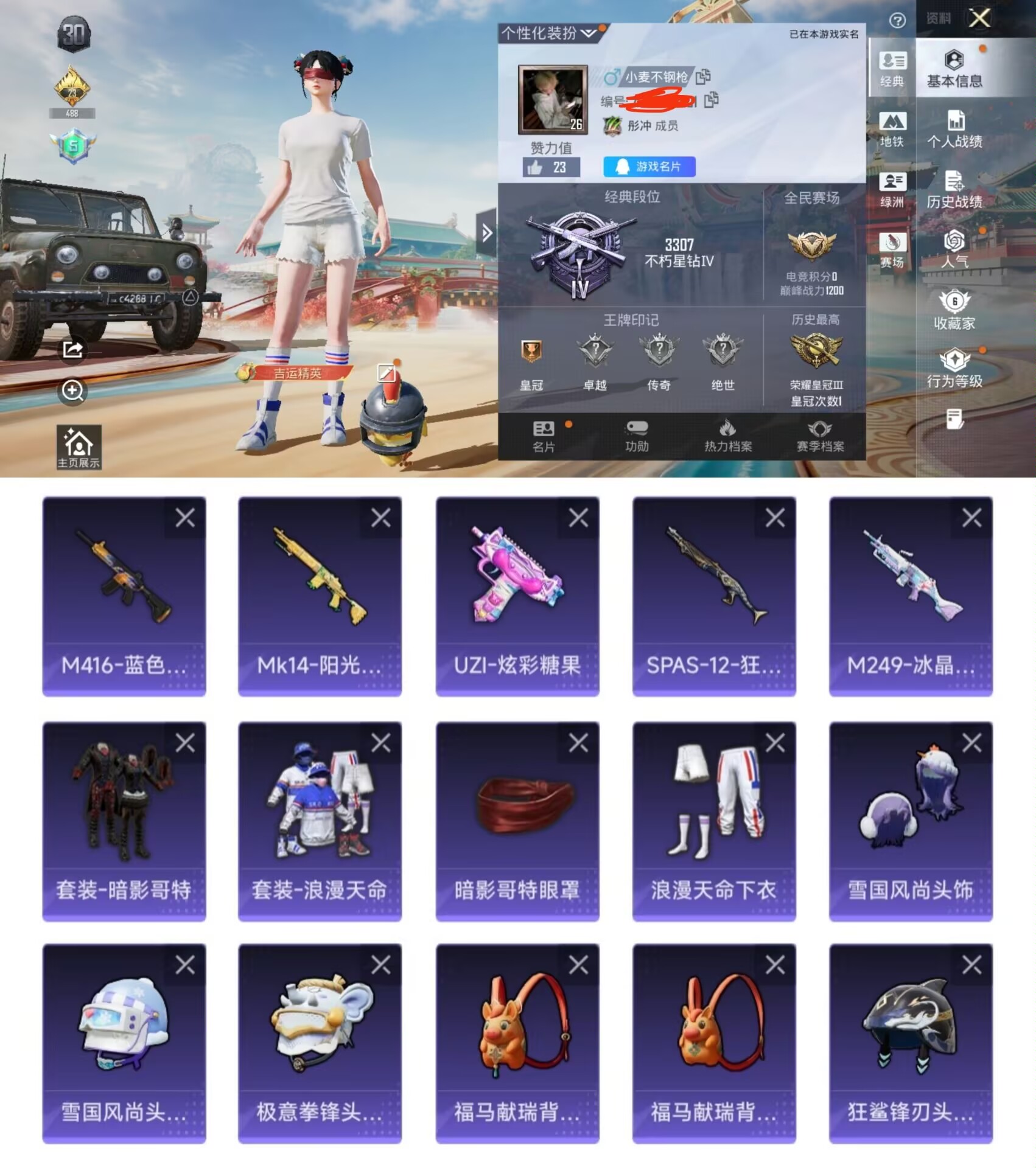 和平精英账号安卓QQ0载具-12套装-12枪皮-QY445 极品素材号 暗影哥特 红眼罩 浪漫天命 一体王者1传说1星传