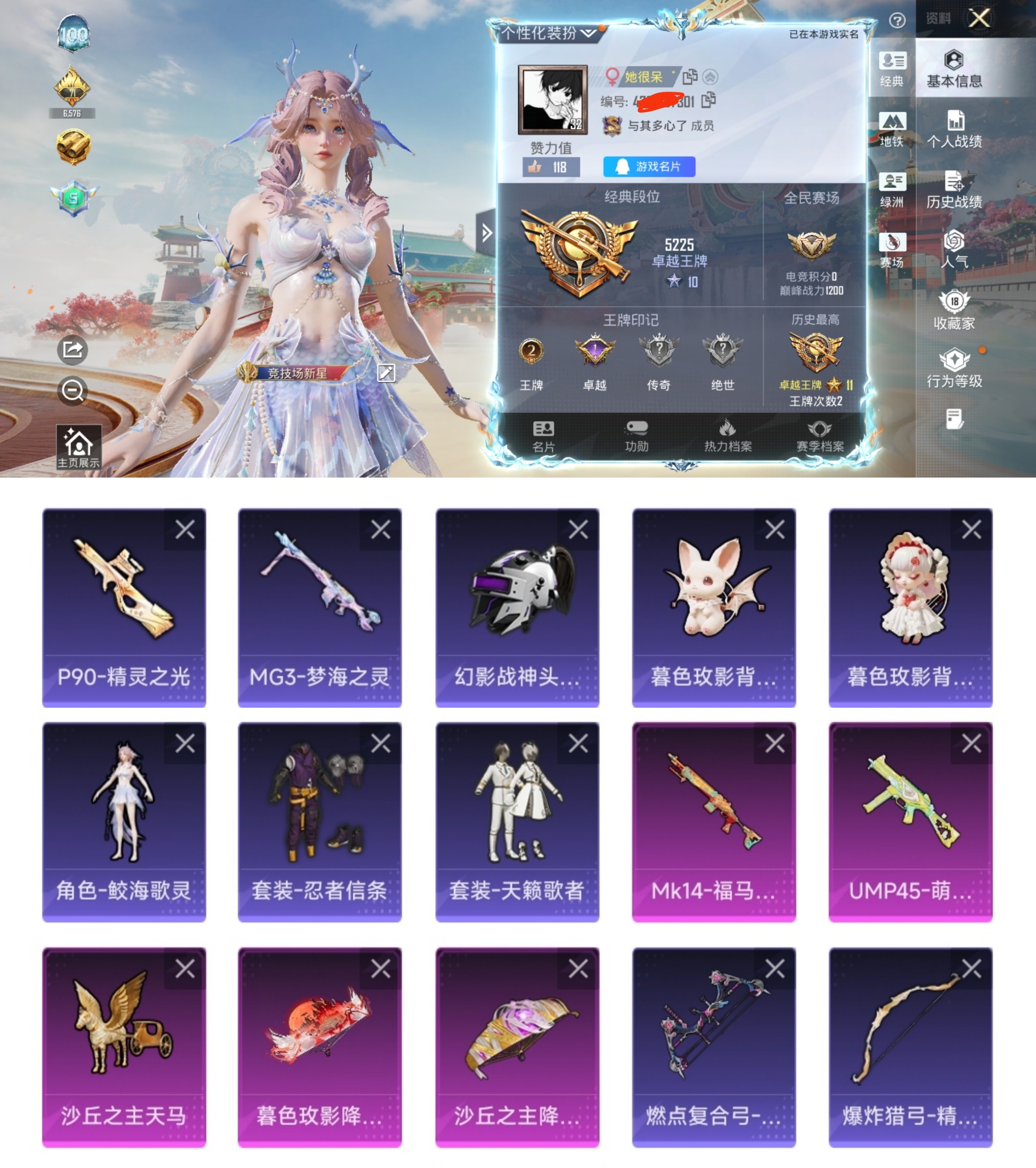 和平精英账号安卓QQ0载具-17套装-28枪皮-QY461 极品女号 鲛海歌灵 忍者信条 沙丘之主天马 （1级） 1升级