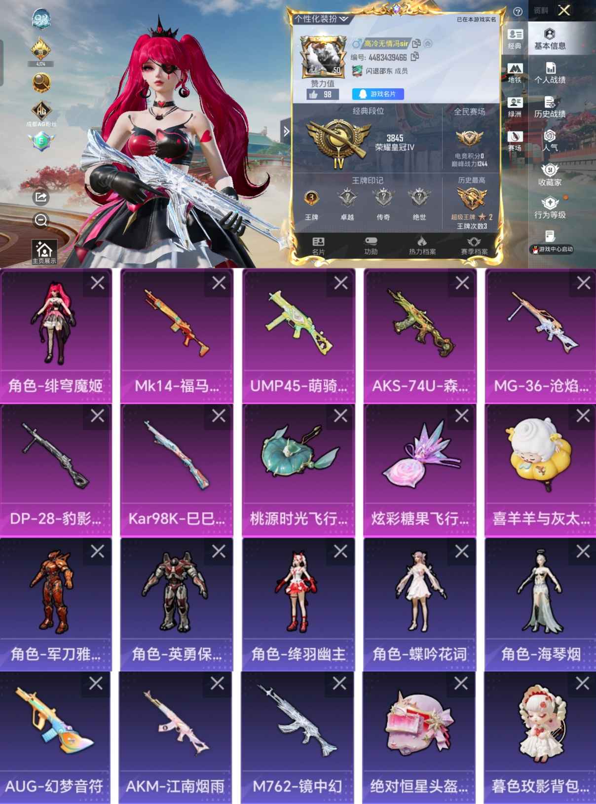 和平精英账号安卓QQ0载具-96套装-182枪皮-LGH569+安卓Q区-1粉装-6特效枪-46233热力值-3王牌印记