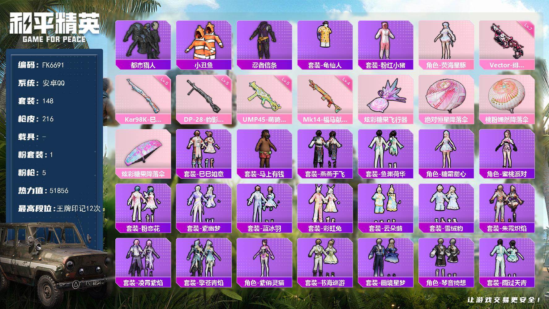 和平精英账号安卓QQ0载具-148套装-216枪皮-HX9376【都市猎人-地铁48点满天赋-七级Vector-绯穹魔姬