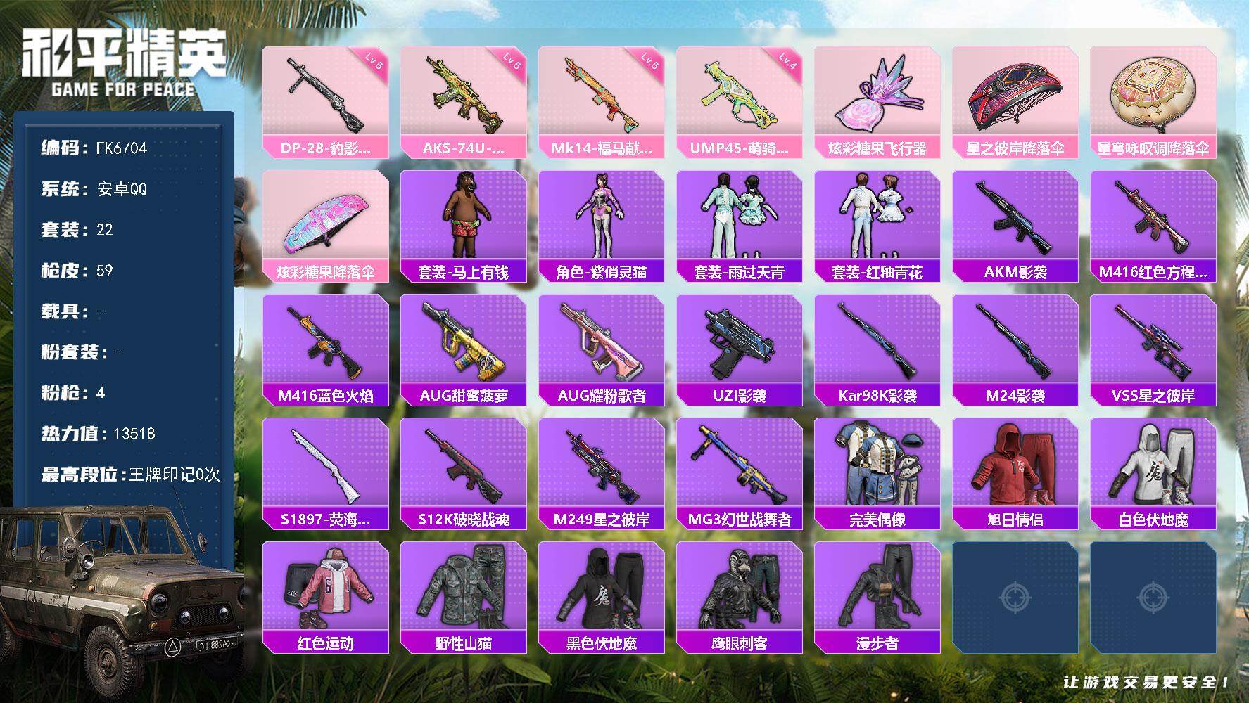 和平精英账号安卓QQ0载具-22套装-59枪皮-HX9389【地铁49点满天赋-4特效枪-地铁素材号】 安卓 手Q-0粉装-4特效枪-0载具-1粉色飞行器-13518热力值-1王牌印记-22套装-59枪皮 【粉色枪皮等级