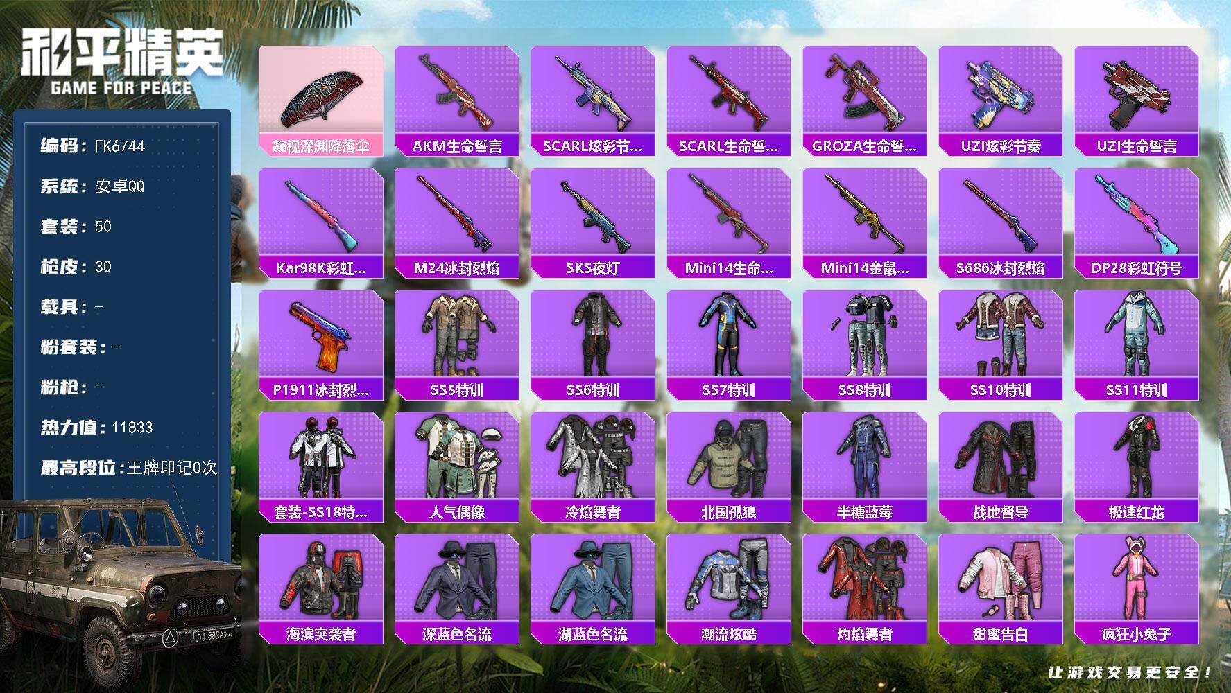 和平精英账号安卓QQ0载具-50套装-30枪皮-HX9429【老号-容颜游骑兵面罩-游戏等级54】安卓 手Q-0粉装-0特效枪-0载具-0粉色飞行器-11833热力值-2王牌印记-50套装-30枪皮 【粉色降落伞】：凝视