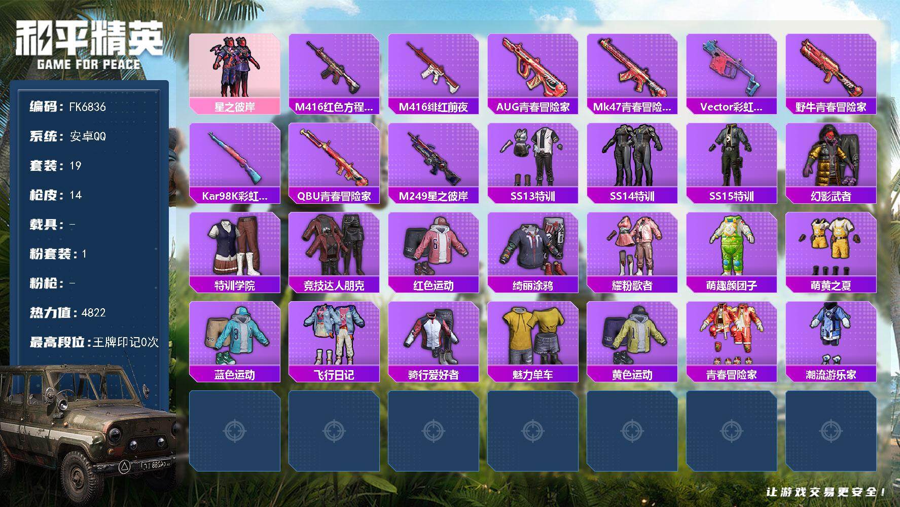 和平精英账号安卓QQ0载具-19套装-14枪皮-HX9521【粉装-星之彼岸】安卓 手Q-1粉装-0特效枪-0载具-0粉色飞行器-4822热力值-1王牌印记-19套装-14枪皮 【粉色套装】：粉装-星之彼岸 【稀有枪皮】