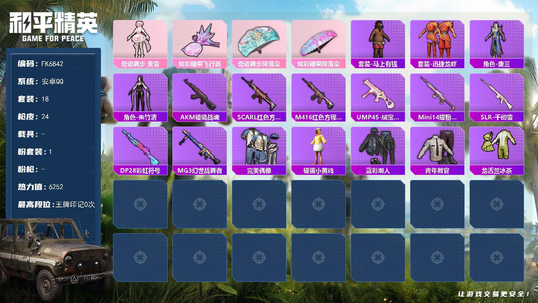 和平精英账号安卓QQ0载具-18套装-24枪皮-HX9527角色-奇迹舞步 美雪 安卓 手Q-1粉装-0特效枪-0载具-1粉色飞行器-6252热力值-1王牌印记-18套装-24枪皮 【粉色套装】：角色-奇迹舞步 美雪 【