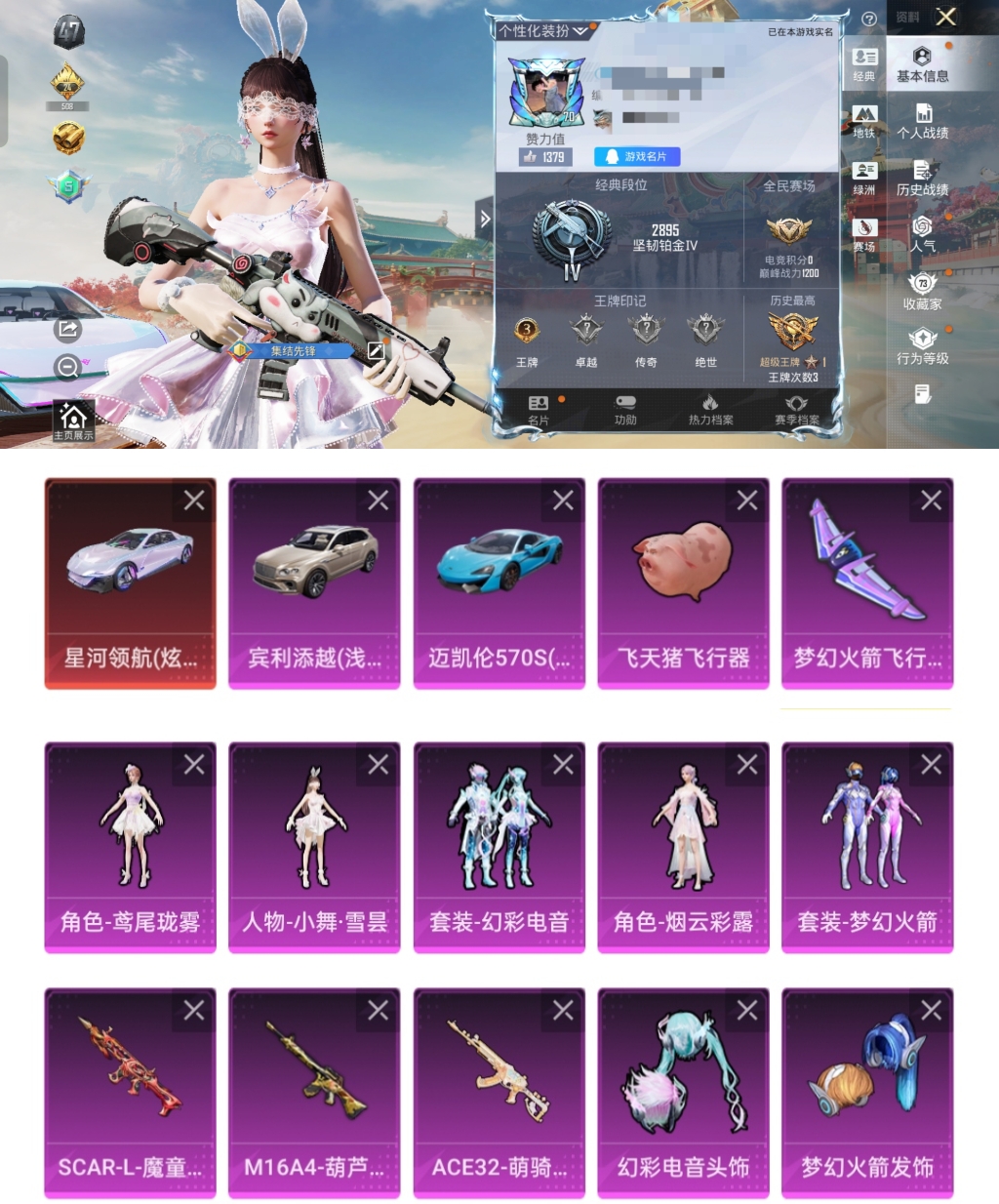 和平精英账号安卓QQ3载具-208套装-253枪皮-HM6893安卓Q区-3载具1僚机-5粉装-6特效枪-2级载具星河领航-87196热力值-3王牌印记-208套装-253枪皮【优质套装】： 梦幻火箭 人物-小舞·雪昙 