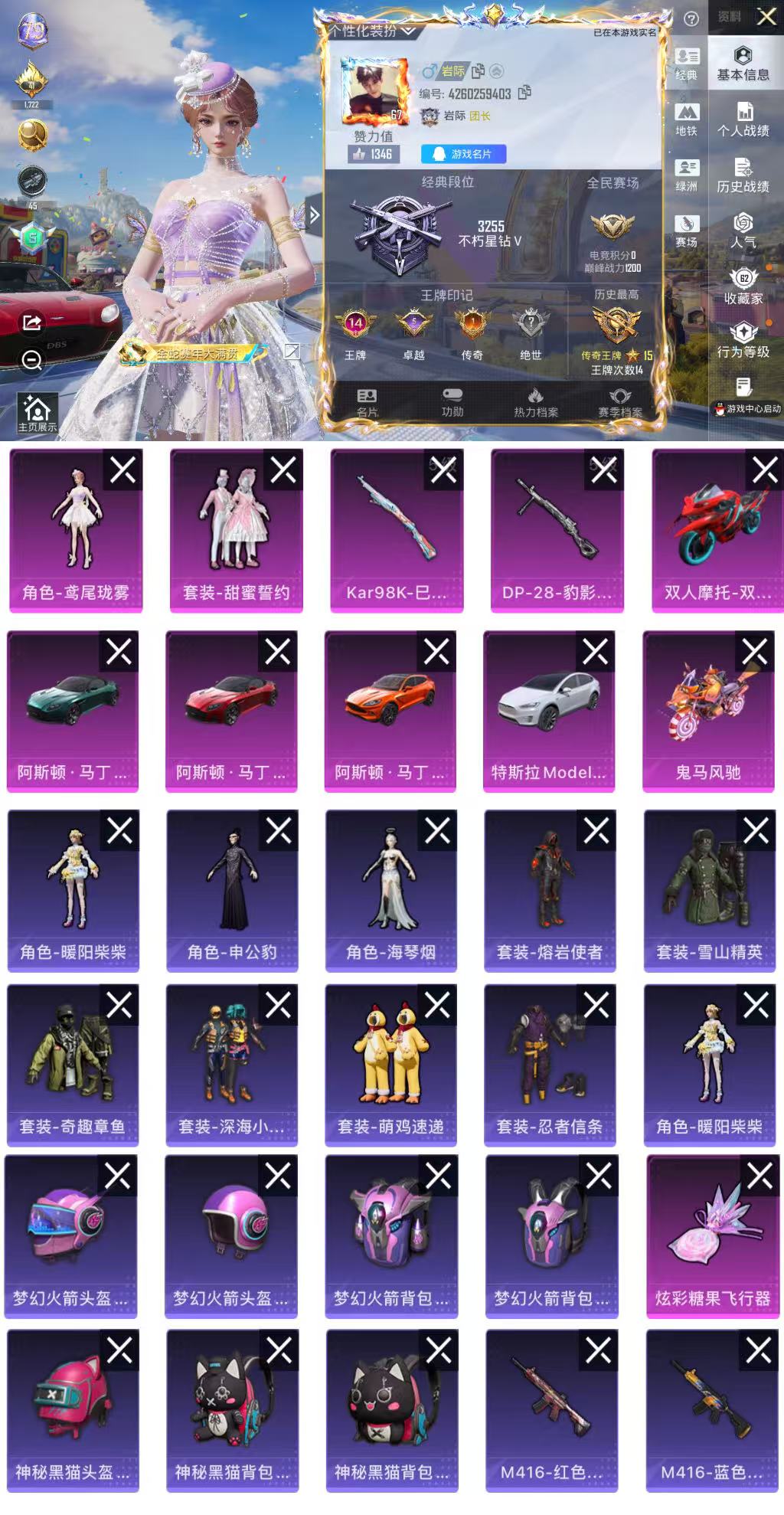 和平精英账号苹果QQ6载具-191套装-202枪皮-HM6895 素材号-苹果Q区-6载具-2粉装-2特效枪-双字ID-兵团同名-地铁天赋--66616热力值-14王牌印记-191套装-202枪皮【优质套装】： 鸢尾珑雾