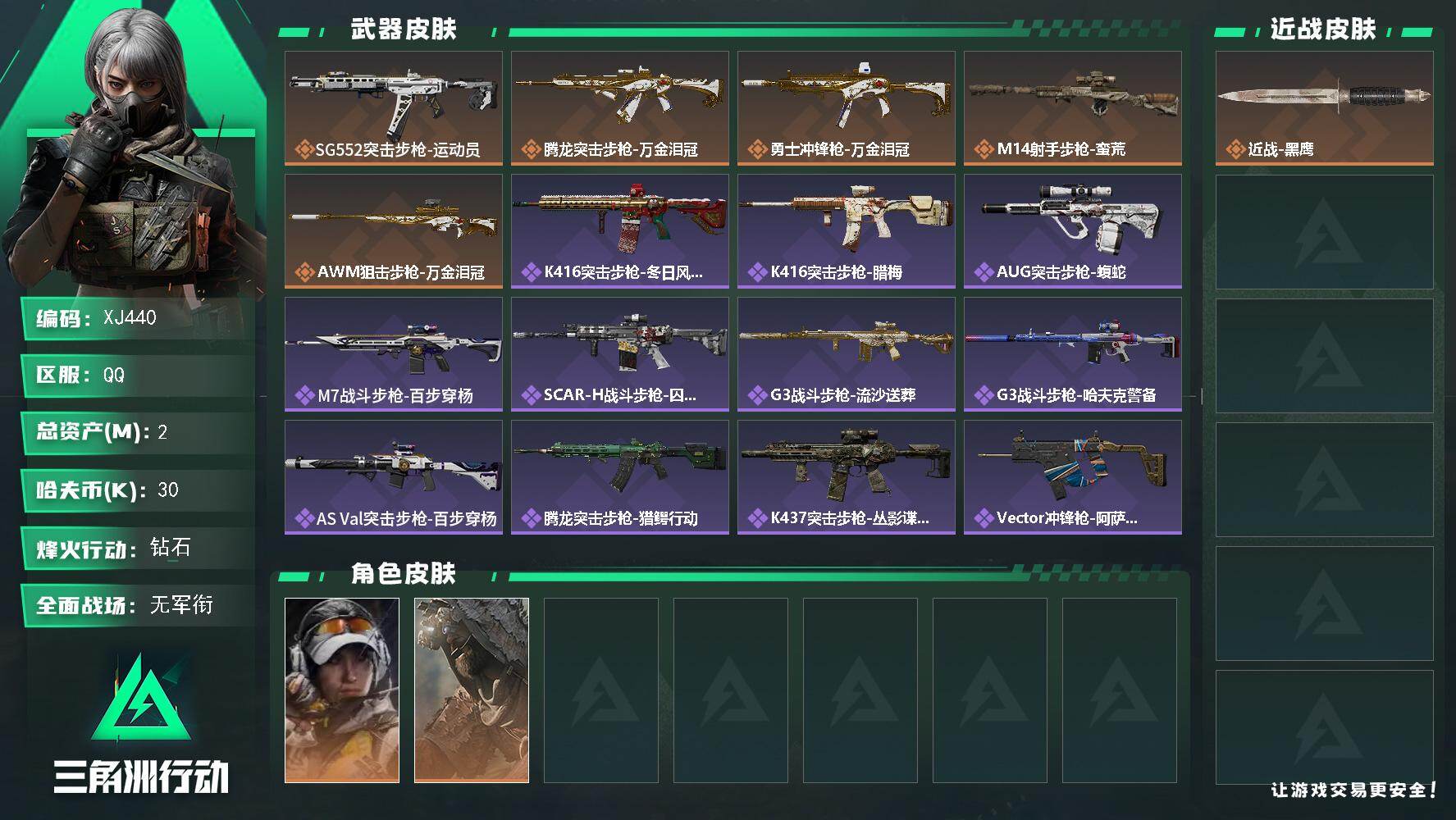三角洲行动账号QQ440总资产2m-30k哈夫币-38烽火等级-钻石-16战场等级-上等兵 【干员外观】：露娜-金牌射手，乌鲁鲁-荒原猎手 【近战皮肤】：近战-黑鹰 【传说外观】：SG552突击步枪-运动员，腾龙突击步
