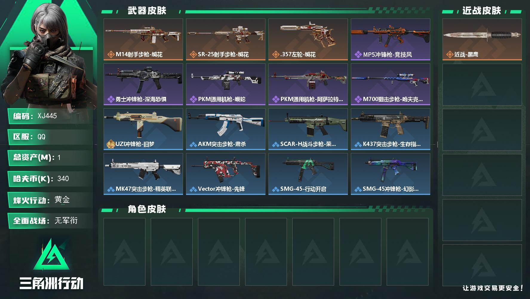三角洲行动账号QQ445总资产1m-340k哈夫币-47烽火等级-黄金-1战场等级-无军衔 【近战皮肤】：近战-黑鹰 【传说外观】：M14射手步枪-缄花，SR-25射手步枪-缄花，.357左轮-缄花 【史诗外观】：MP