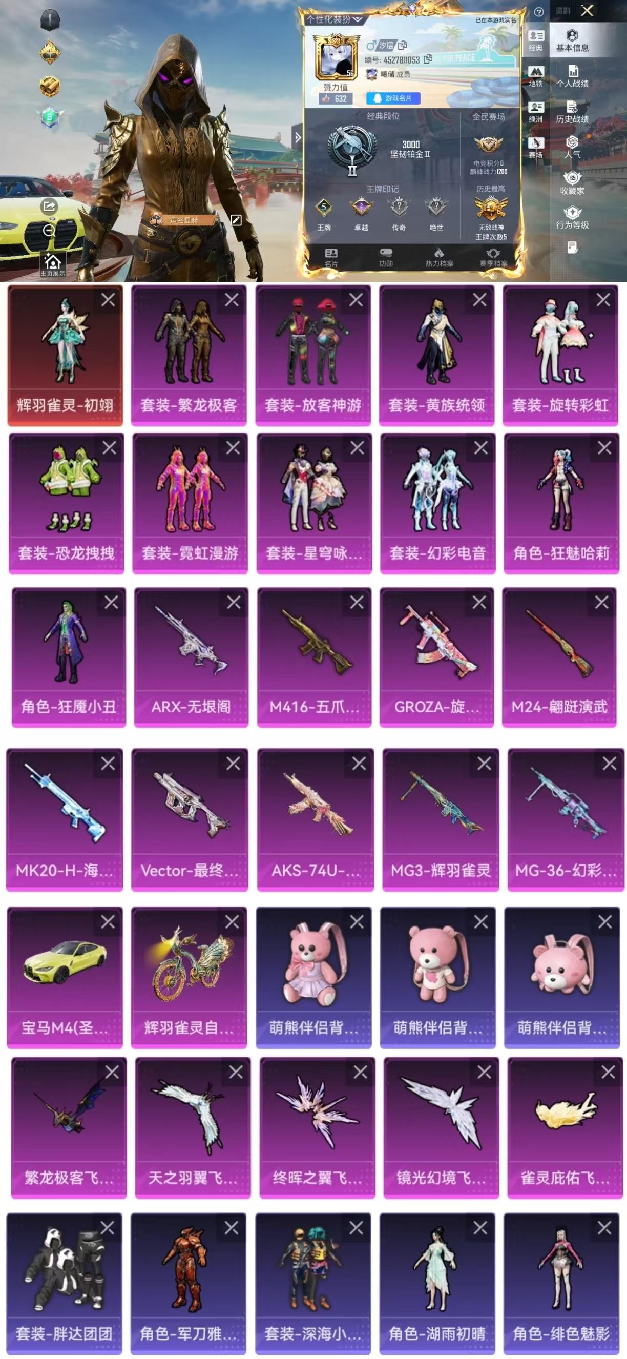 和平精英账号安卓QQ2载具-93套装-143枪皮-AQY616  可二次- 双字ID-战神框-素材号-1红装-辉羽雀灵-初翊2级-10粉装-9特效枪2载具6飞行器 双字ID -55918热力值-5王牌印记-93套装-14